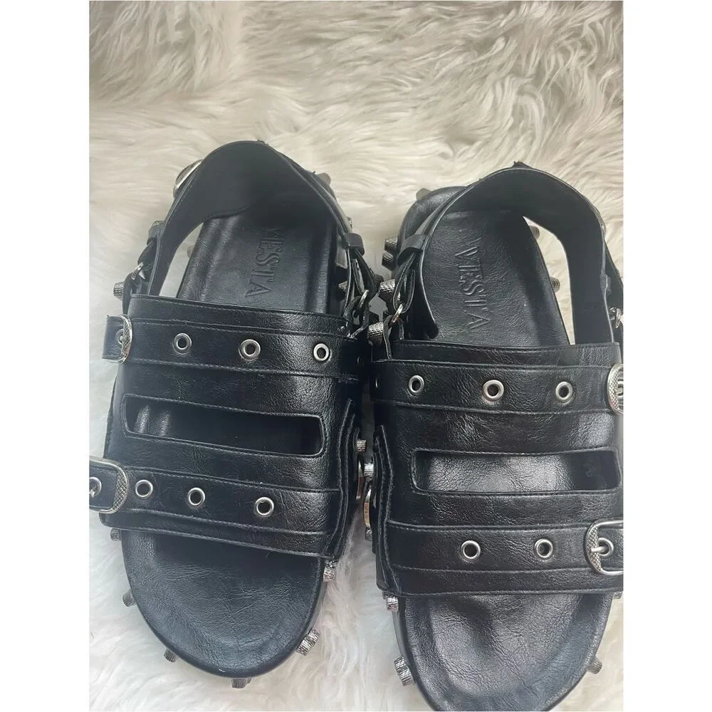 Vesta synthetic Black Studded Buckle Platform Sandals.Goth style SZ11.5